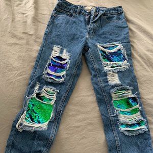 High-Waisted Denim Distressed Ripped Sequin Embellished Boyfriend Baggy Jeans